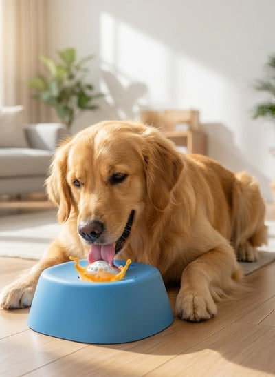 A golden retriever dog lying on a wooden floor in a bright living room, licking a blue bowl that contains a small orange and white treat.