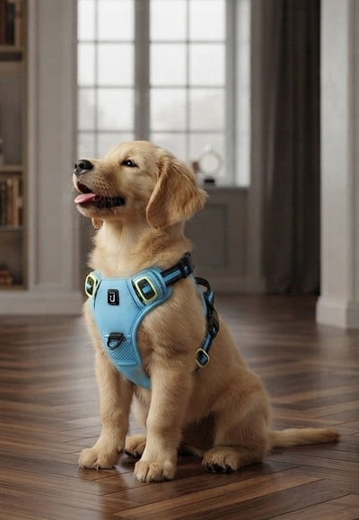 A golden retriever puppy wearing a light blue harness with black and green accents, sitting on a polished wooden floor in a bright room.