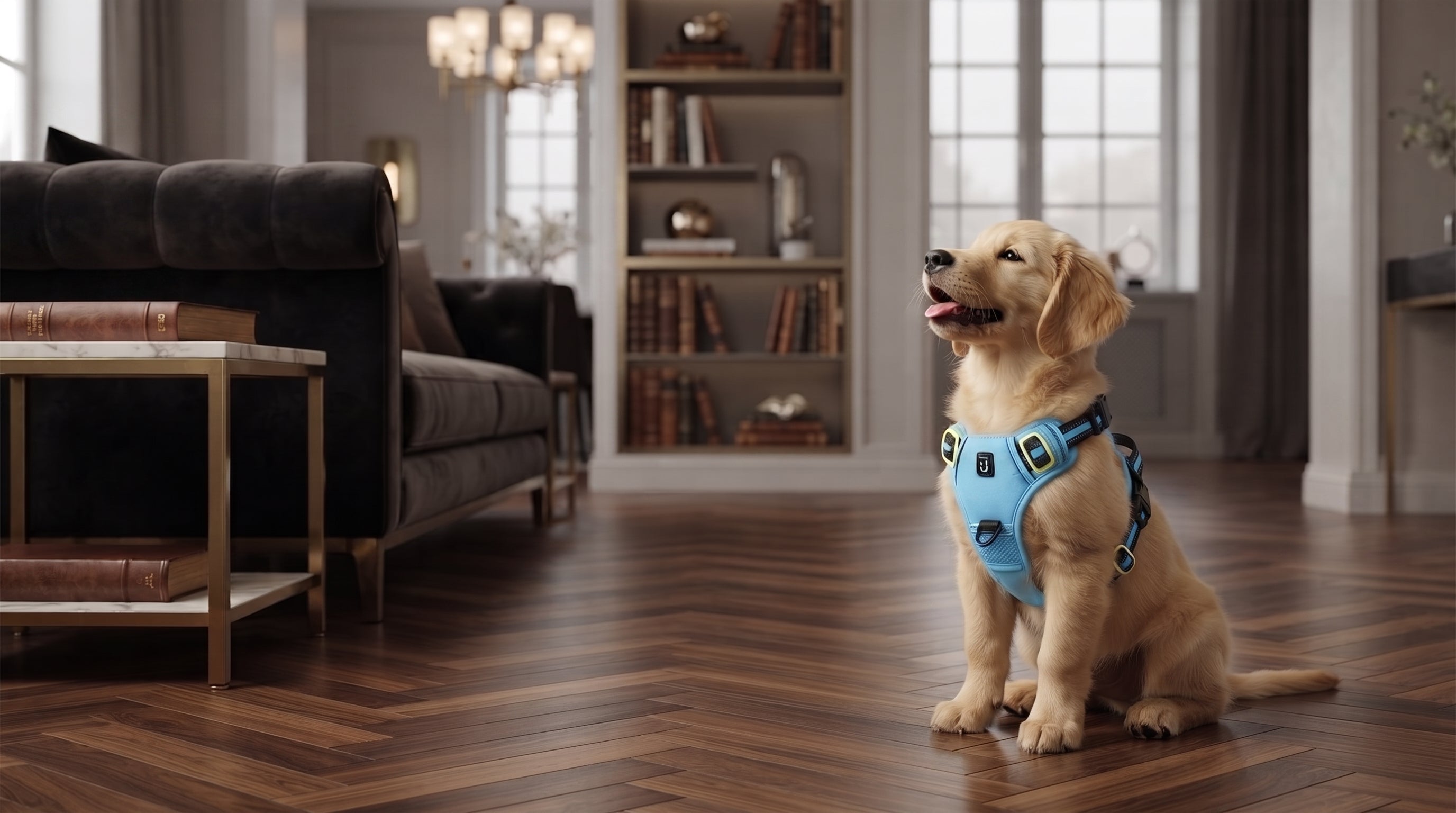 A golden retriever puppy wearing a light blue harness sits on a polished wooden floor in a modern living room with a dark gray sofa and bookshelves in the background.