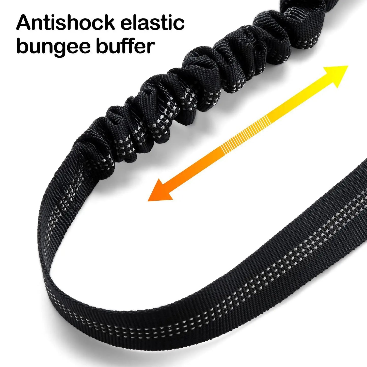 Black antishock elastic bungee buffer with text and arrows on a white background