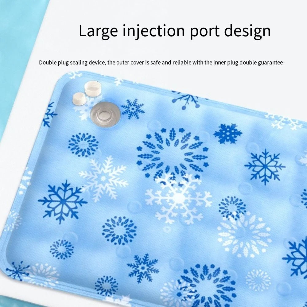 Blue ice pack with snowflake pattern and large injection port design on a white background