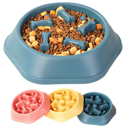 Blue pet food bowl with dog food and bone-shaped toys, accompanied by three additional toy molds on a white background.