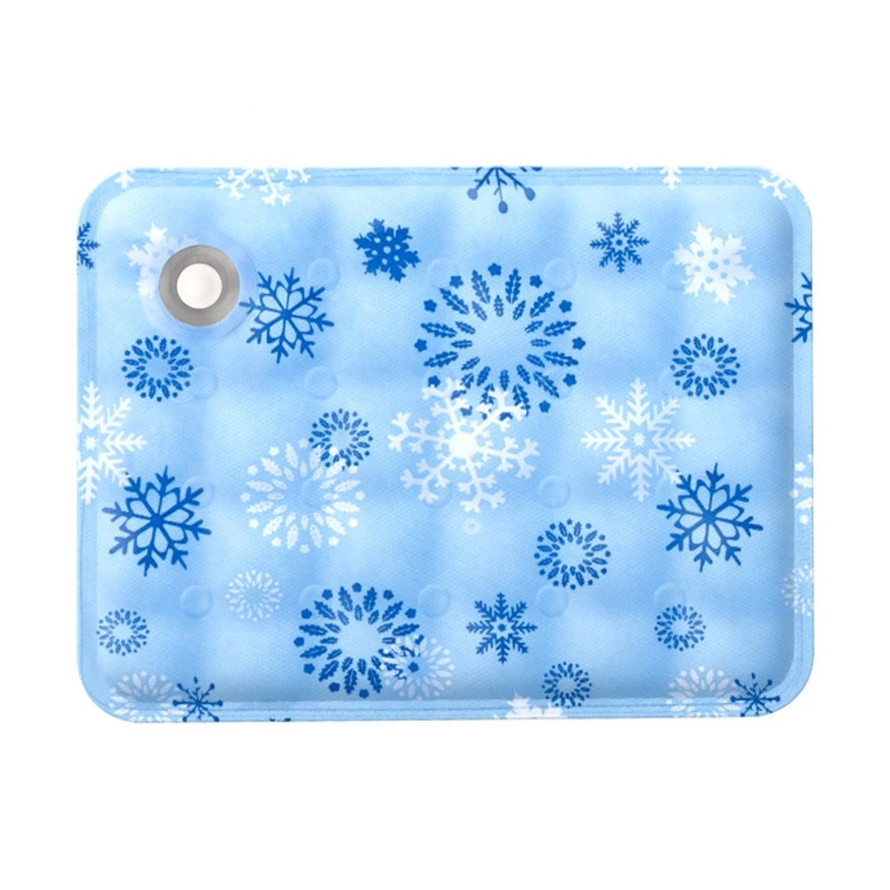 Blue rectangular cooling pad with snowflake pattern on a white background