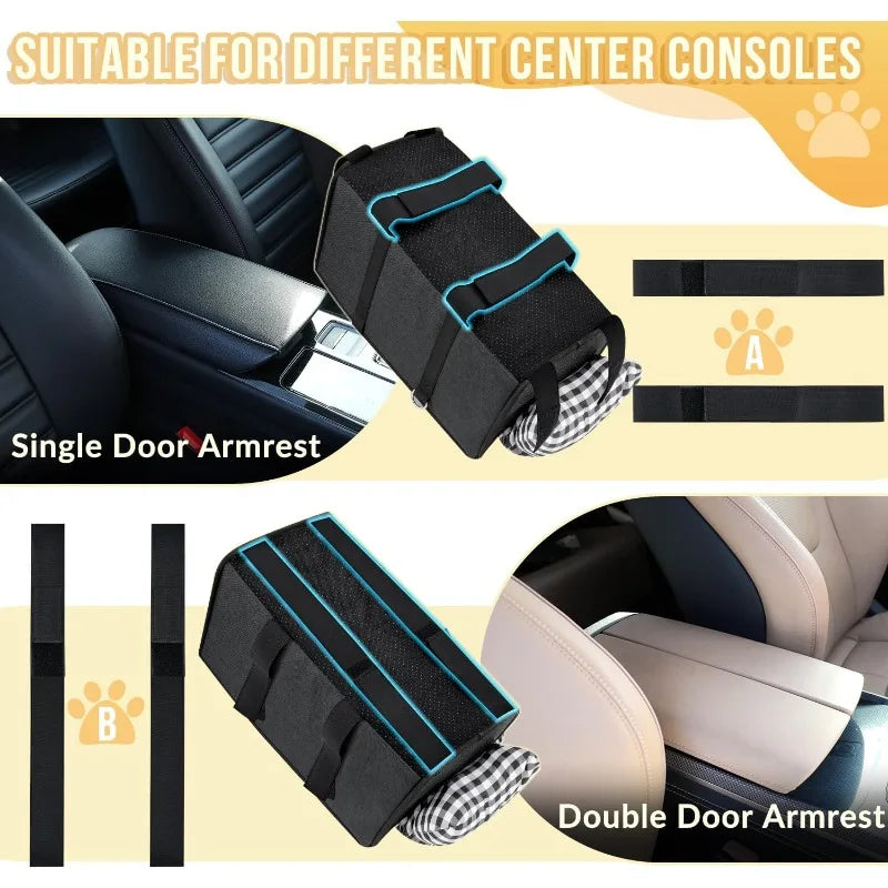 Car armrest organizer suitable for different center consoles with text indicating compatibility.