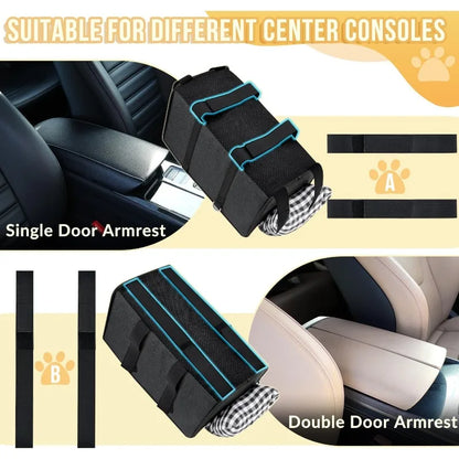 Car armrest organizer suitable for different center consoles with text indicating compatibility.
