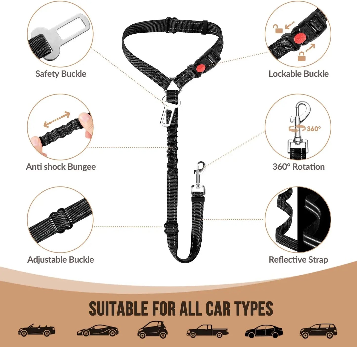 Dog car harness with safety features and suitability for all car types on a white background