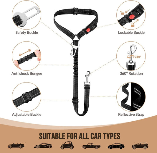 Dog car harness with safety features and suitability for all car types on a white background