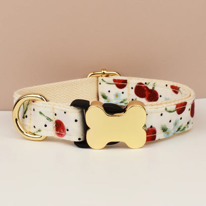 Dog collar with floral pattern and gold bone-shaped buckle on a beige background