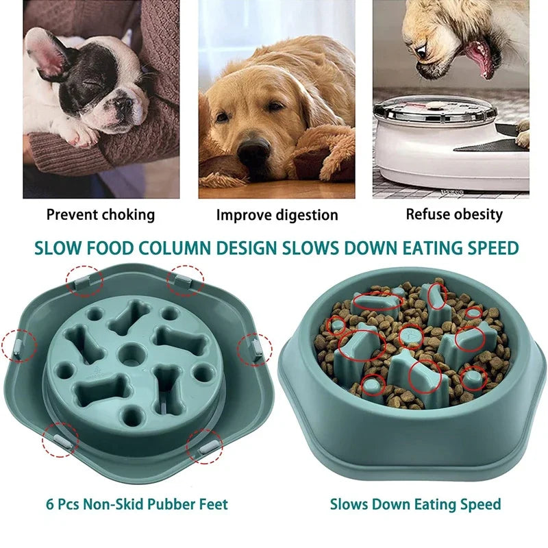 Dog food bowl with slow feed design features and benefits listed.
