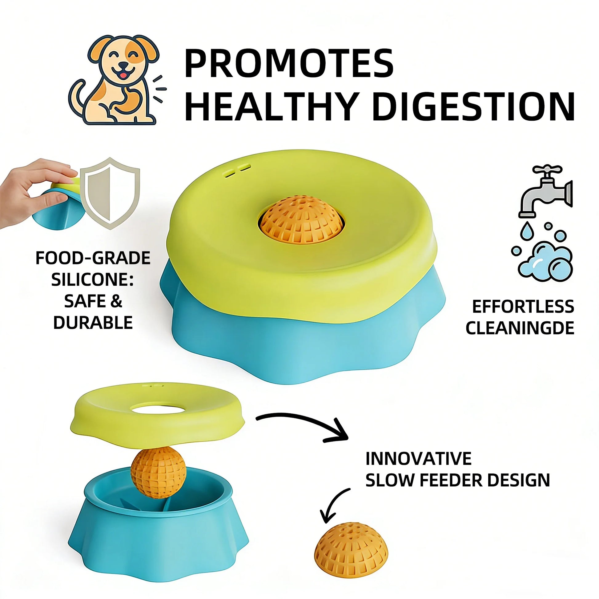 Dog food dispenser with features highlighted on a white background