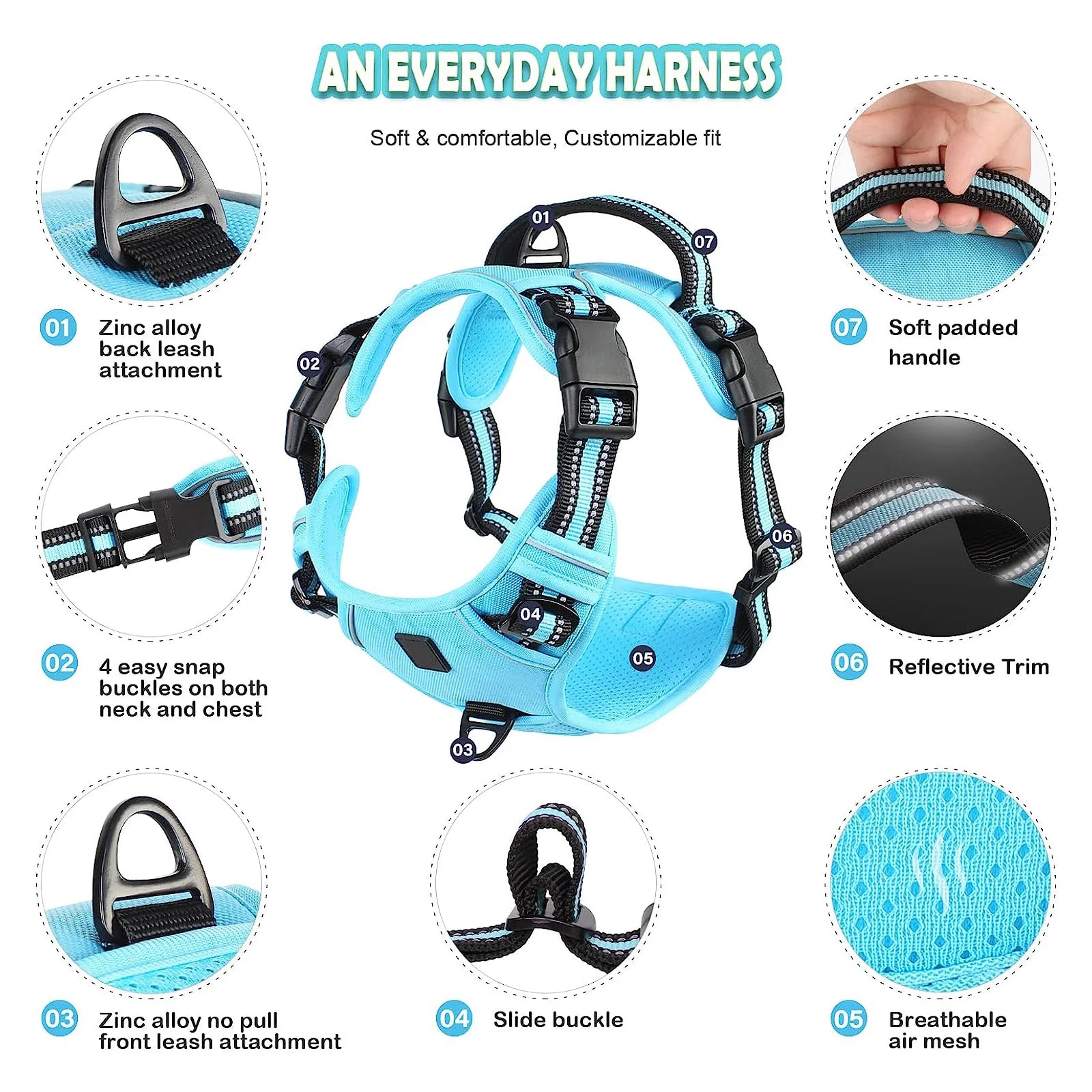 Dog harness with features highlighted on a white background