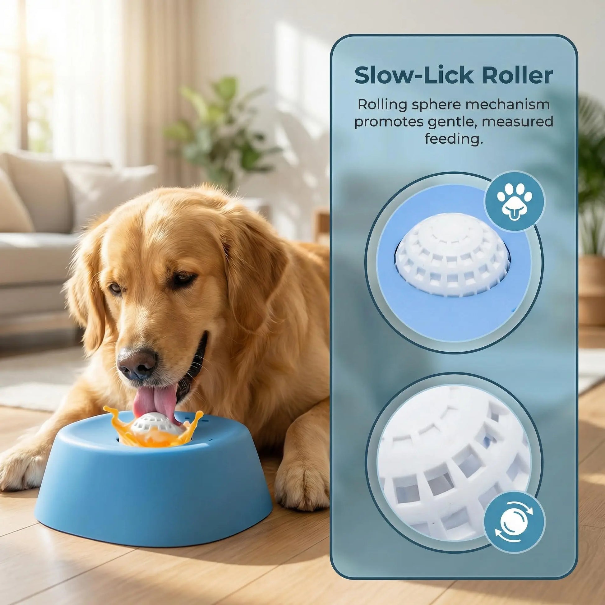 Dog interacting with a blue slow-lick roller device in a home setting