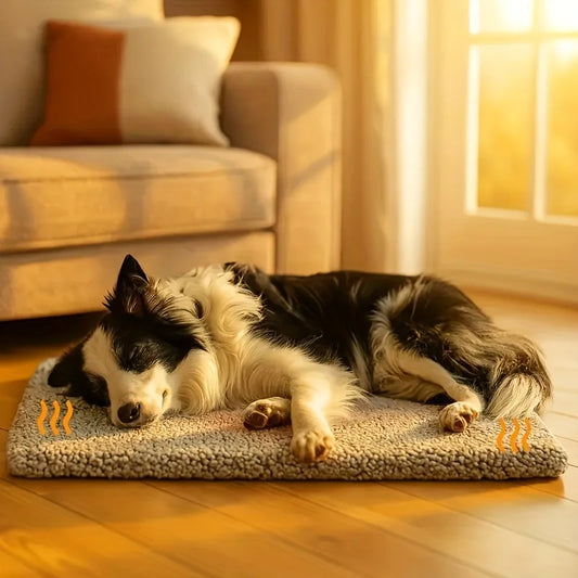 Dog lying on a heated mat in a cozy living room