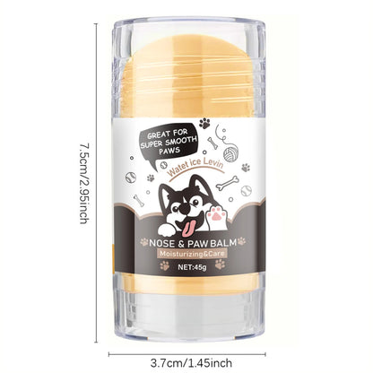 Dog nose and paw balm with measurement details on a white background