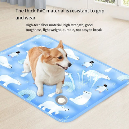 Dog on a blue mat with polar bear and penguin design, text about PVC material properties.