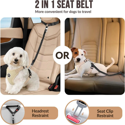 Dog seat belt system with headrest and seat clip restraint options in a car.