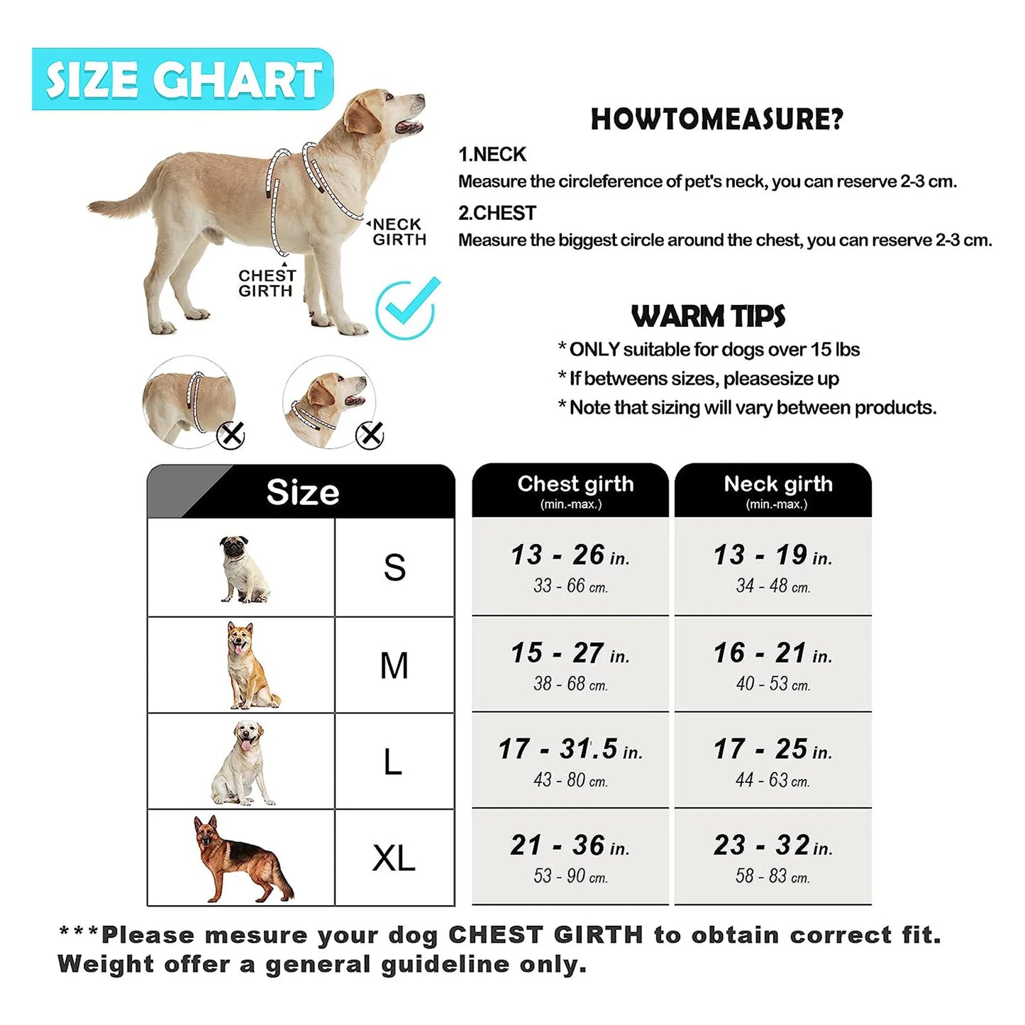 Dog size chart with measurements for neck and chest girth, accompanied by images of dogs of different sizes.