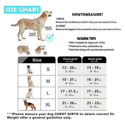 Dog size chart with measurements for neck and chest girth, accompanied by images of dogs of different sizes.