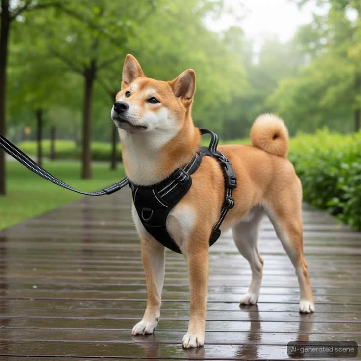Dog wearing a black harness on a wooden path with greenery in the background