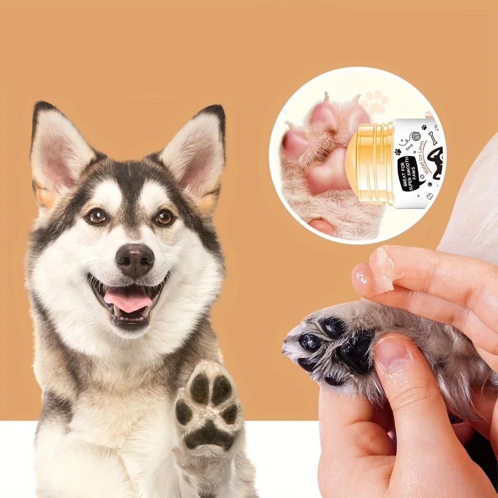 Dog with a paw being examined by a person, with a close-up of the paw and a product on a beige background.
