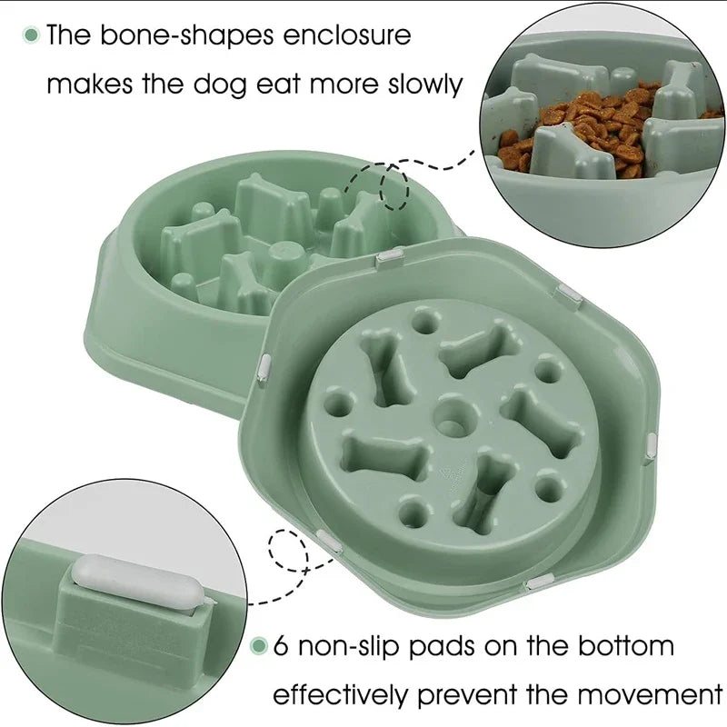 Green dog food bowl with bone-shaped enclosure and non-slip pads, featuring text on its benefits.