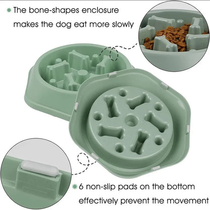 Green dog food bowl with bone-shaped enclosure and non-slip pads, featuring text on its benefits.