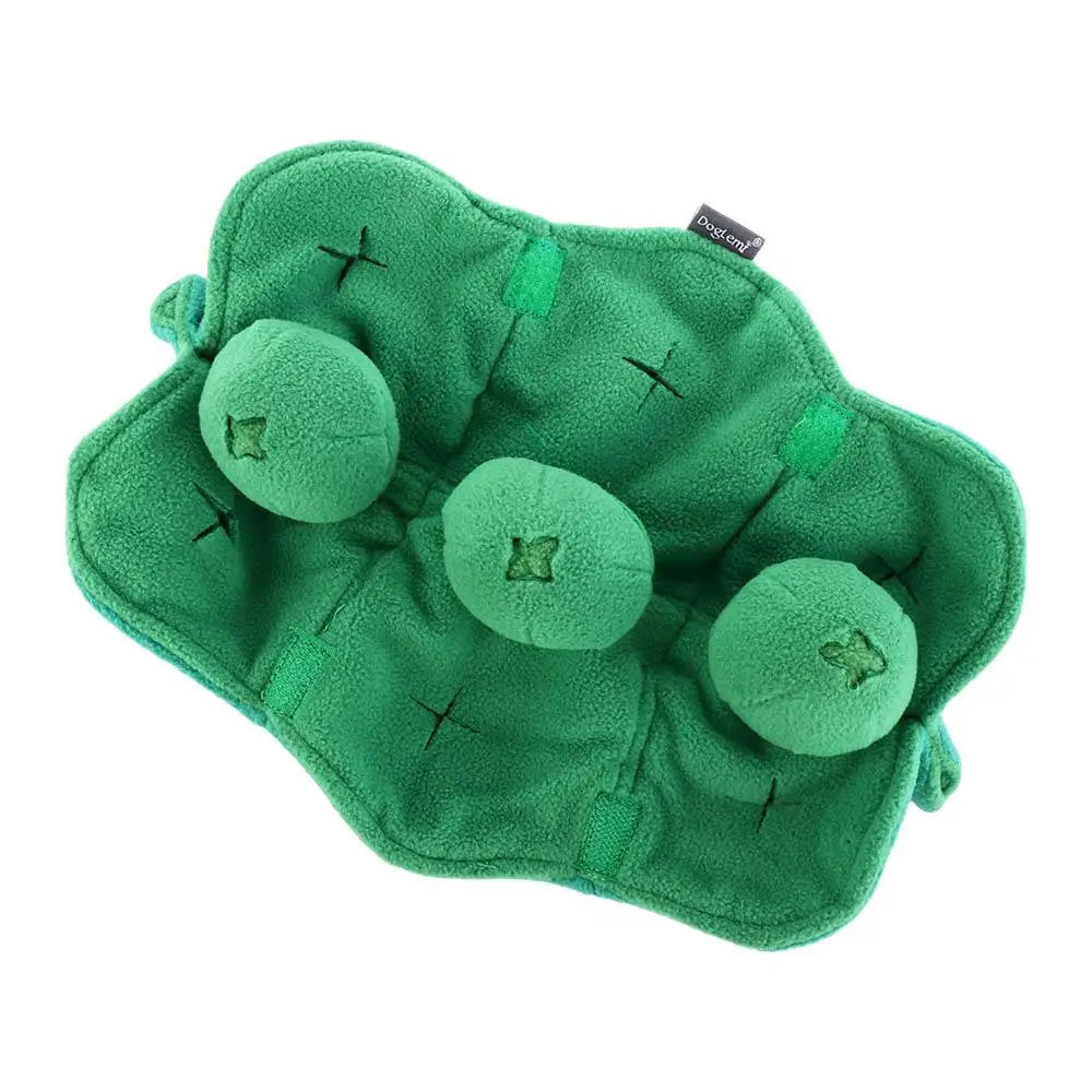 Green plush toy resembling a cloud with three round balls on a white background