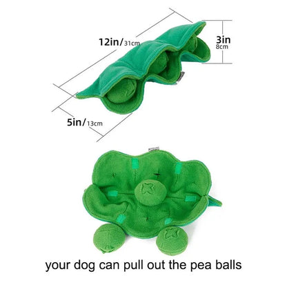 Green plush toy shaped like a pea pod with measurements and text on a white background