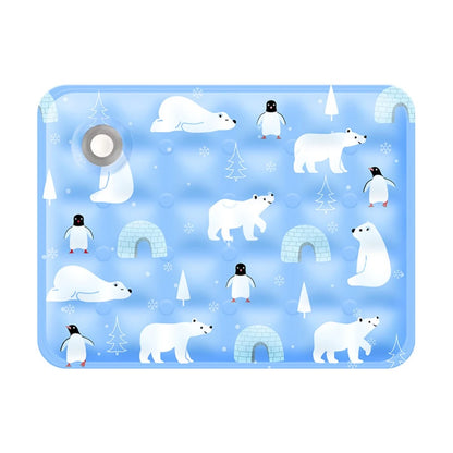 Illustrated design of polar bears, penguins, and igloos on a blue background
