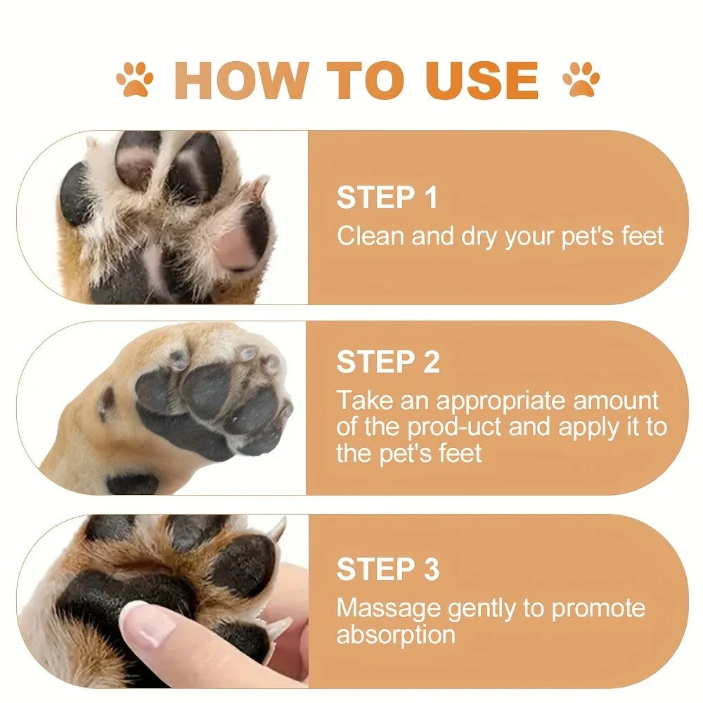 Instructions on how to use a product for pet paws, showing steps and close-up images of a dog's paw.