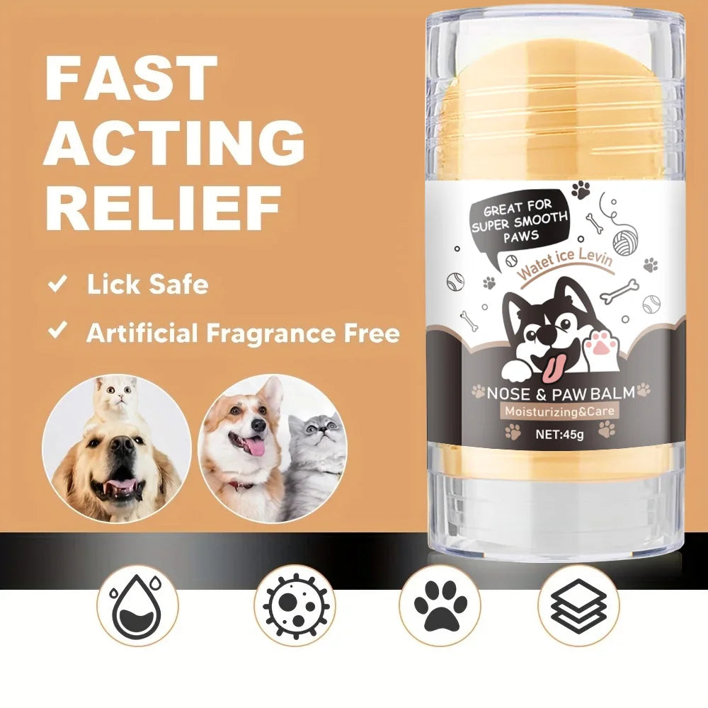 Nose and paw balm for pets with text highlighting features on a brown background