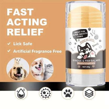 Nose and paw balm for pets with text highlighting features on a brown background