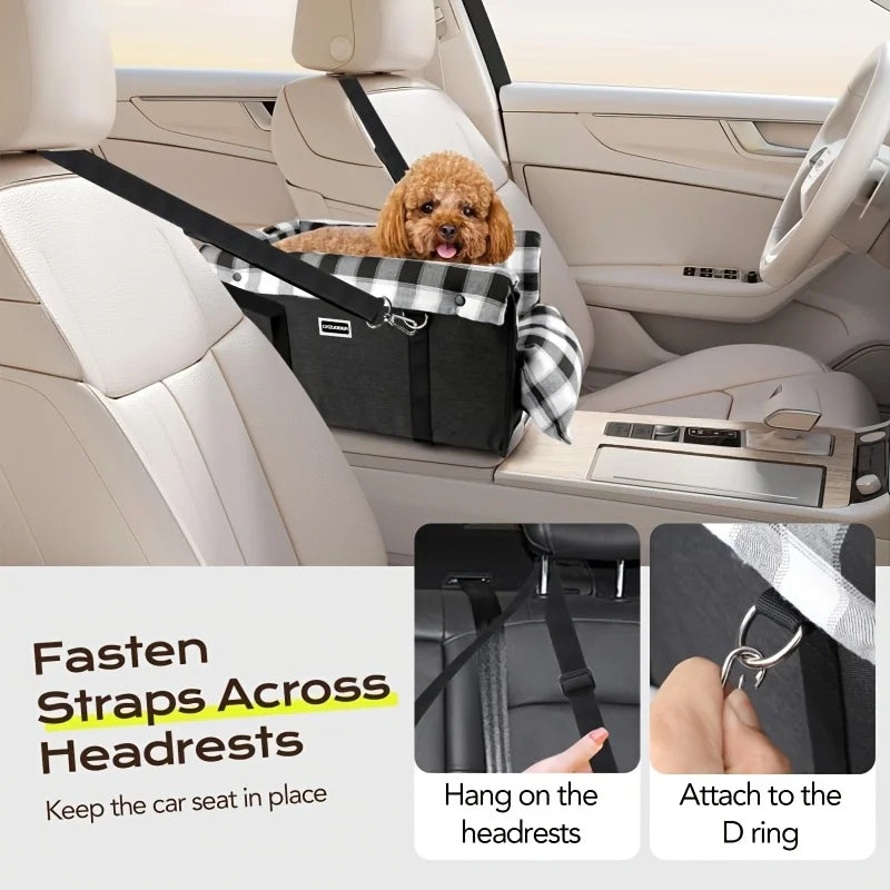 Pet car seat with straps across headrests in a car interior.