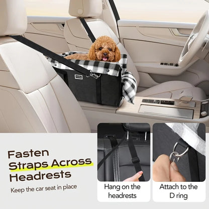 Pet car seat with straps across headrests in a car interior.