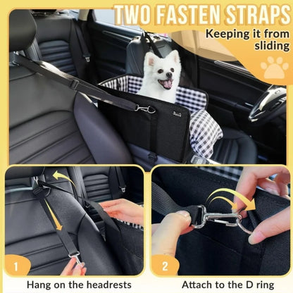Pet car seat with straps for safety, featuring a dog inside the car.