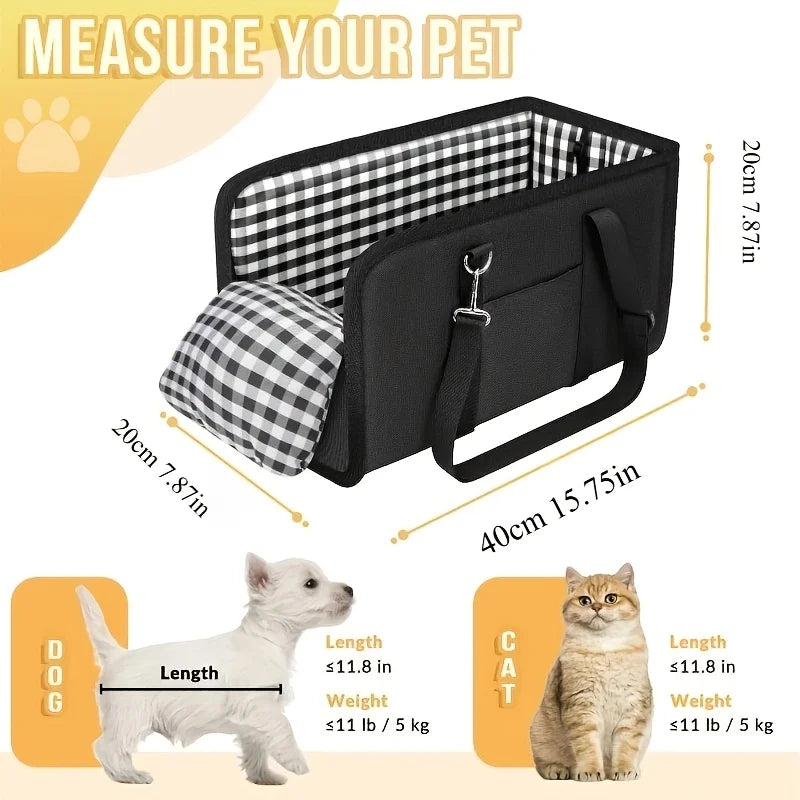 Pet carrier with measurements and illustrations of a dog and cat, on a light background.