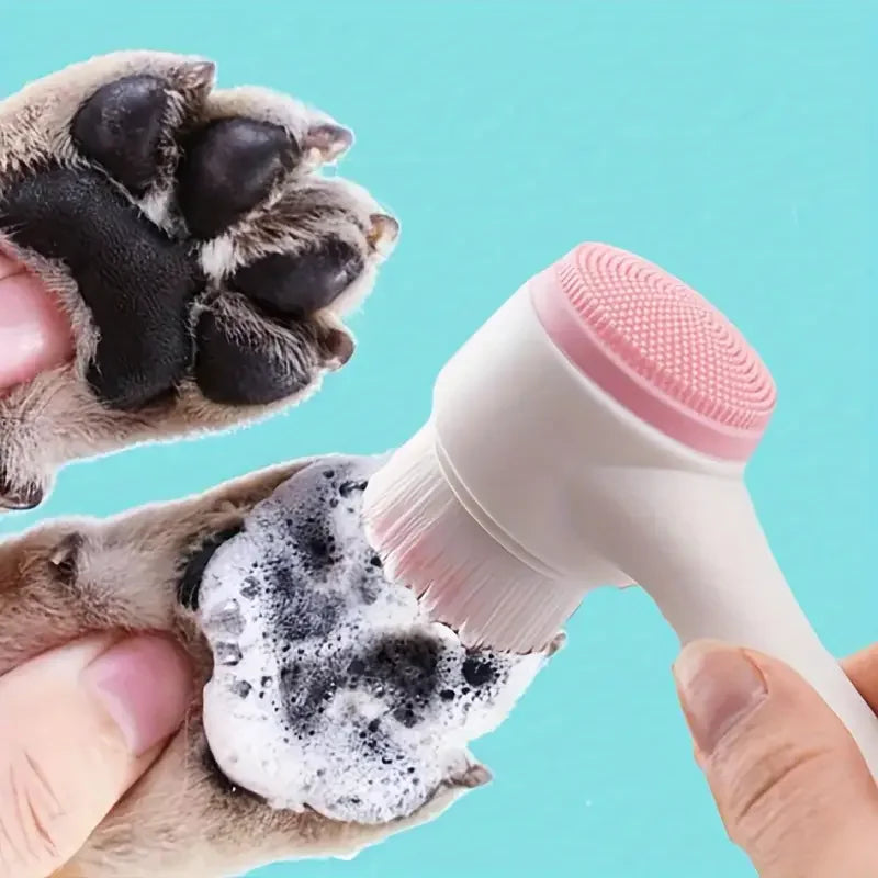 Pet grooming brush cleaning a dog's paw with a blue background