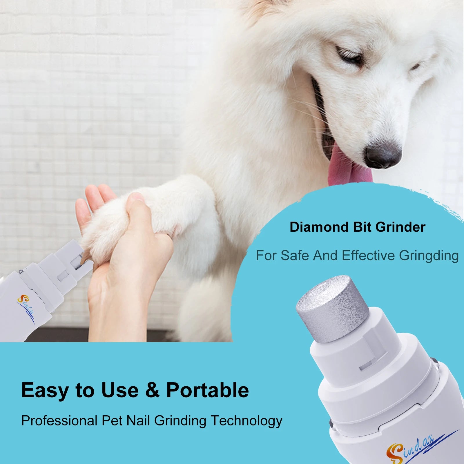 Pet nail grinder being used on a white dog's paw with promotional text about safe and effective gringing.