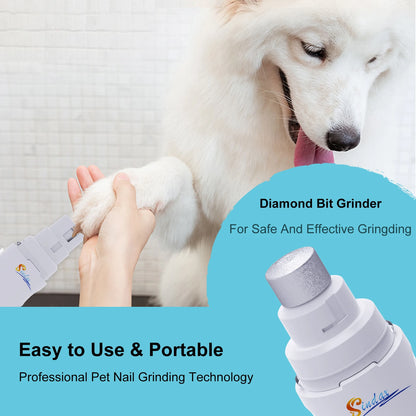 Pet nail grinder being used on a white dog's paw with promotional text about safe and effective gringing.