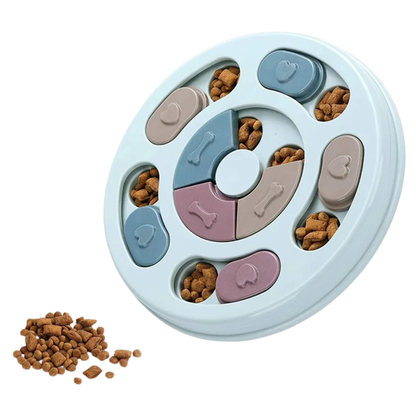 Pet puzzle toy with compartments filled with treats on a white background