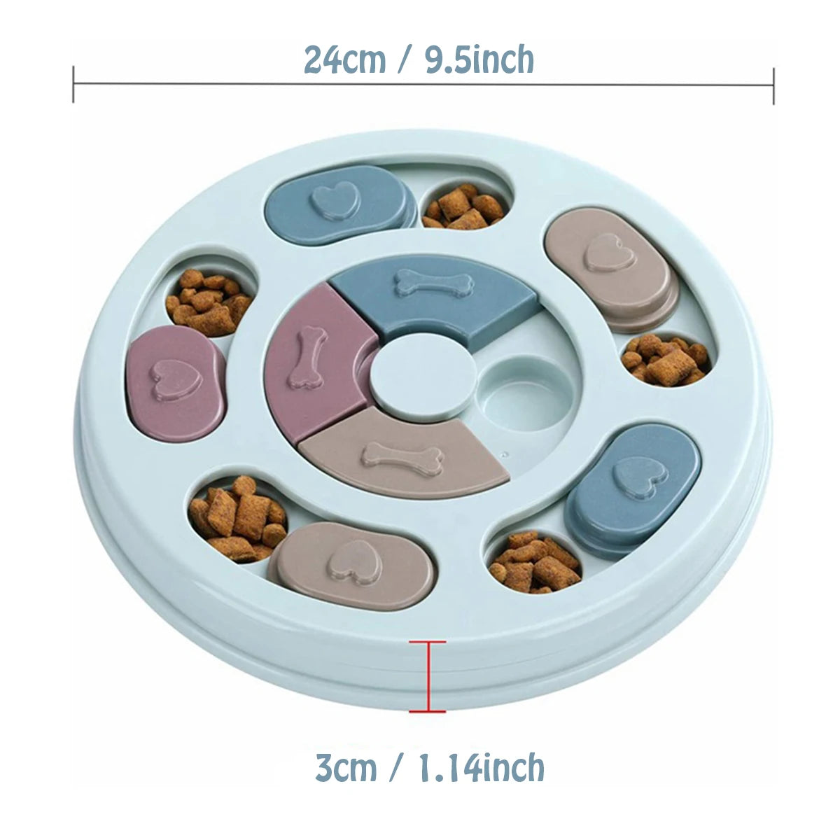 Pet puzzle toy with food compartments and measurements on a white background
