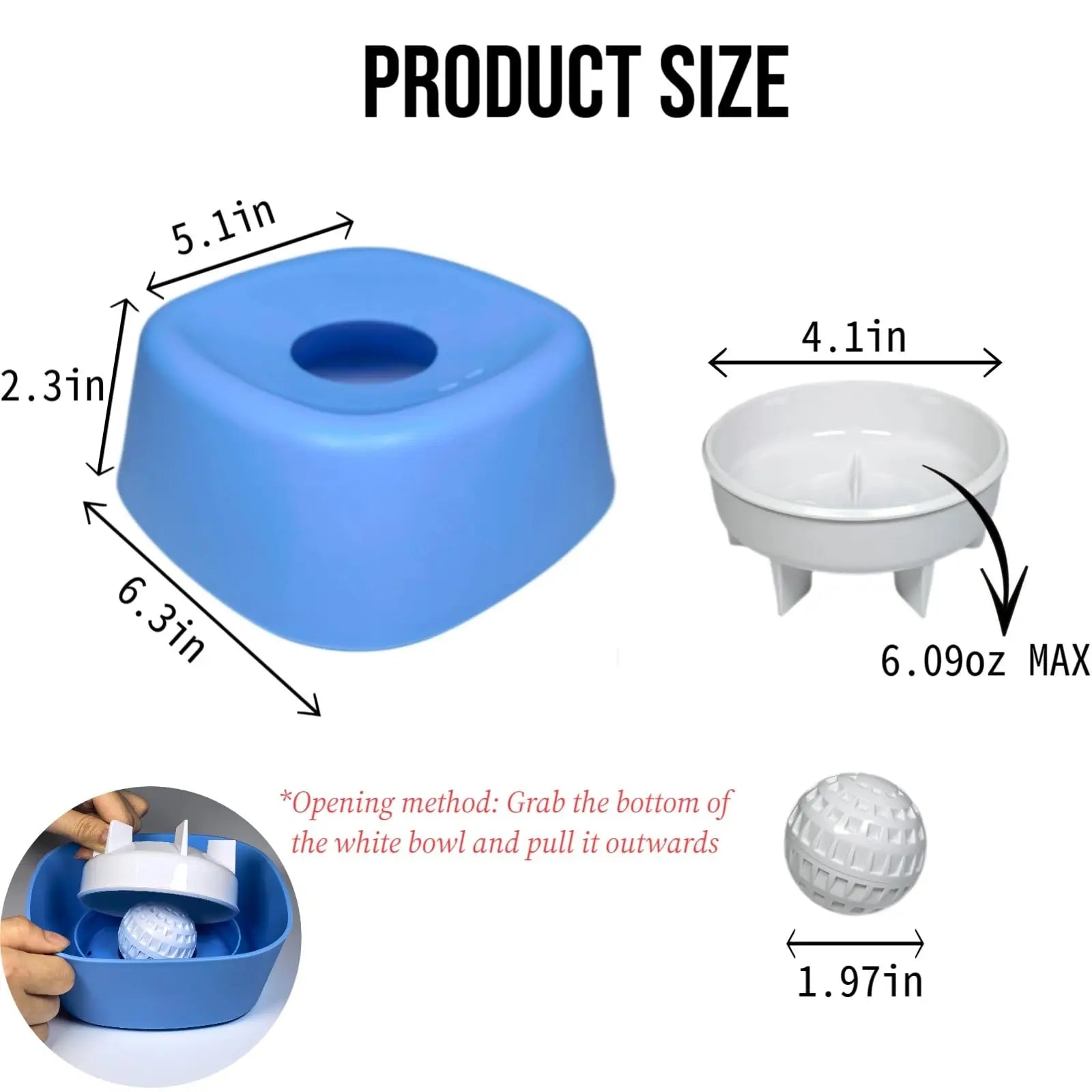 Product size chart with blue and white containers and measurements on a white background