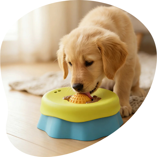 Puppy eating from a stainless steel dog bowl