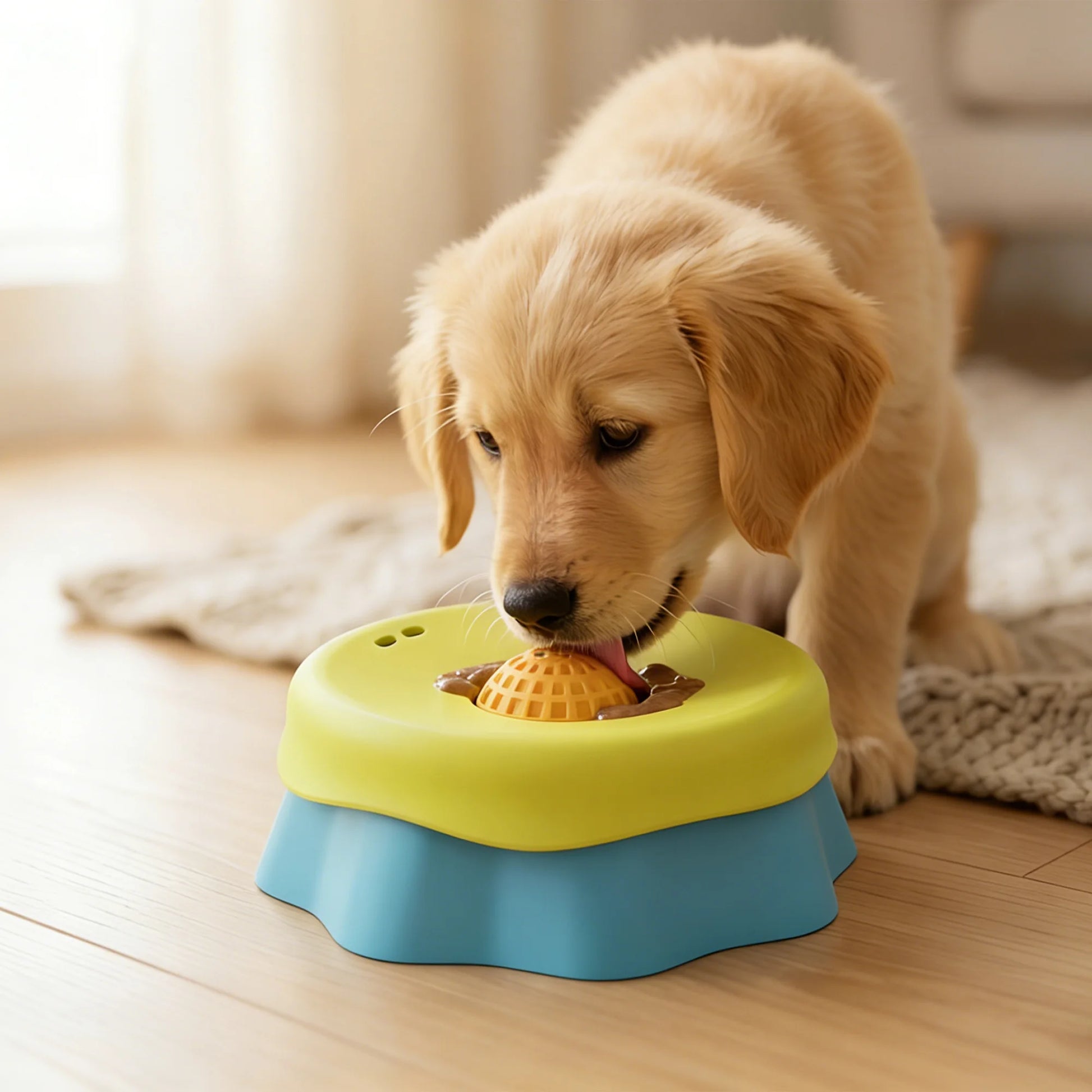 Puppy interacting with a colorful toy on a wooden floor.