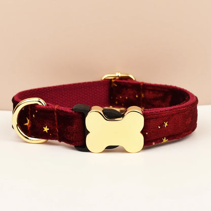 Red dog collar with gold bone-shaped tag on a beige background