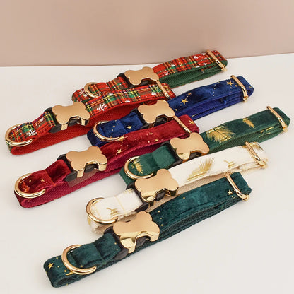 Set of colorful dog collars with gold buckles on a light background