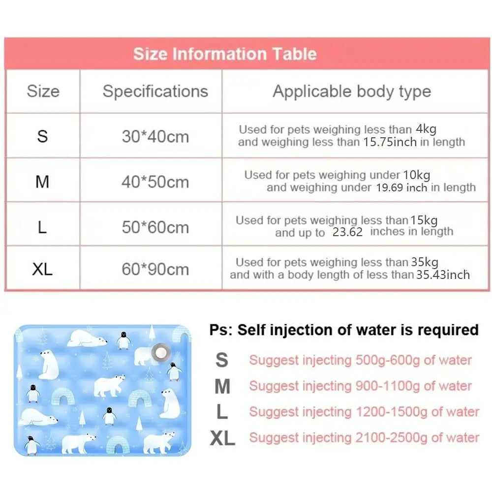 Size information table for a product with specifications and applicable body types, including a blue card with polar bear design.