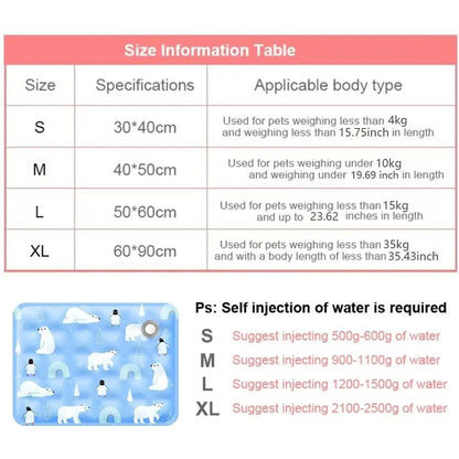 Size information table for a product with specifications and applicable body types, including a blue card with polar bear design.