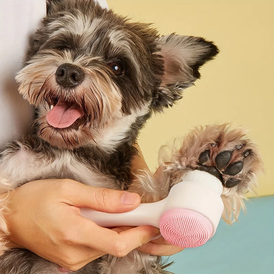 Small dog being held by a person with a pink pet grooming tool against a yellow and blue background