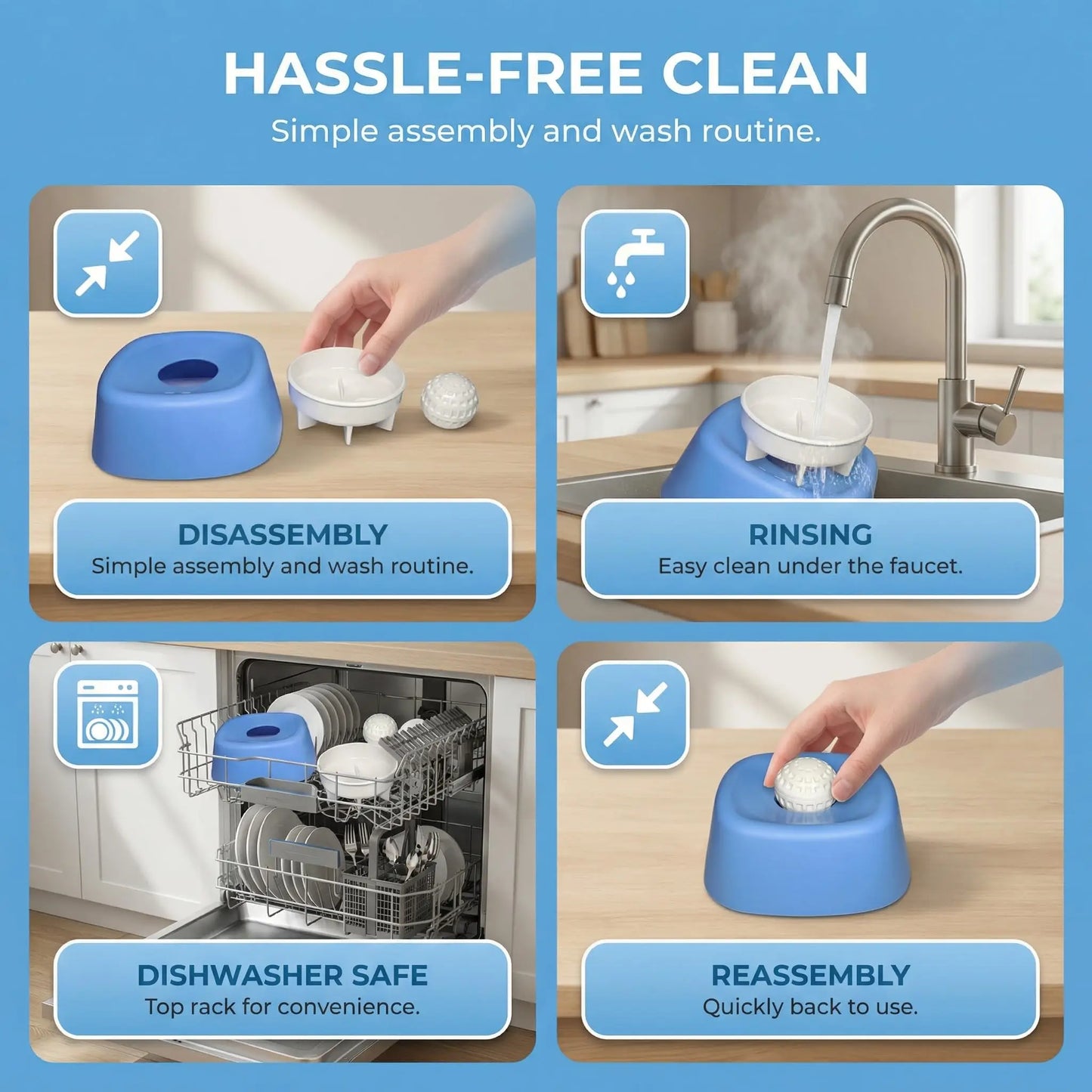Step-by-step guide on how to use a kitchen cleaning product with images of assembly, rinsing, and dishwasher safety.